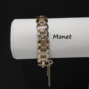 Vintage Monet Gold Tone Floral Link Bracelet with Safety Chain 1970s